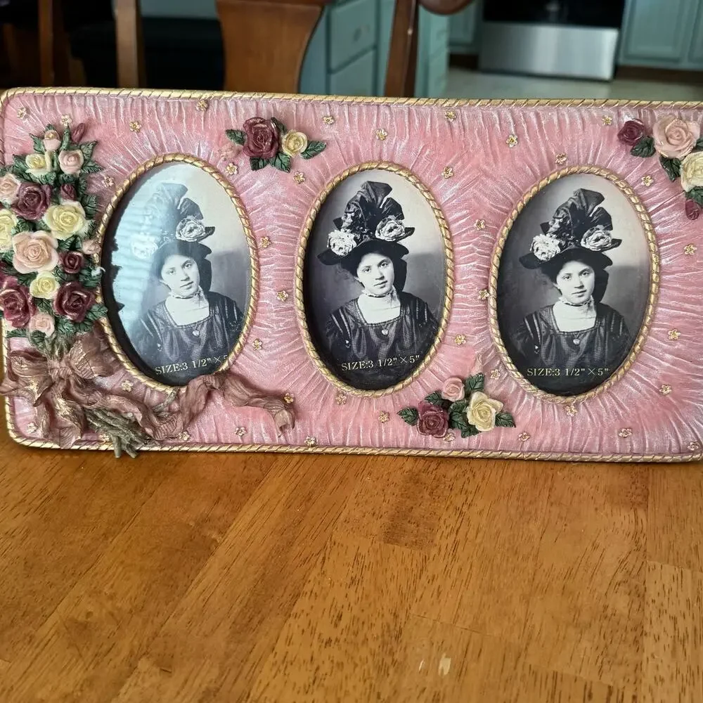 Vintage 1980s Pink 3D Roses Floral Victorian 3 Slot Photo Frame 7x14 Easel Back